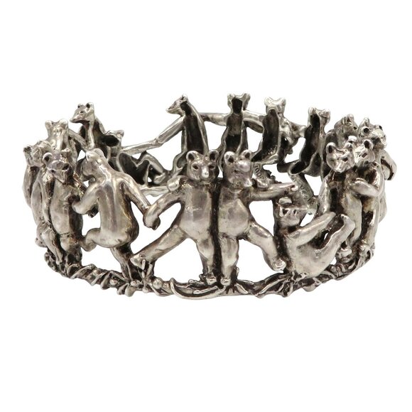 Vintage Jane Voorhees Chunky Sterling Silver Dancing Bears Crown Bangle Bracelet - Picture 4 of 10